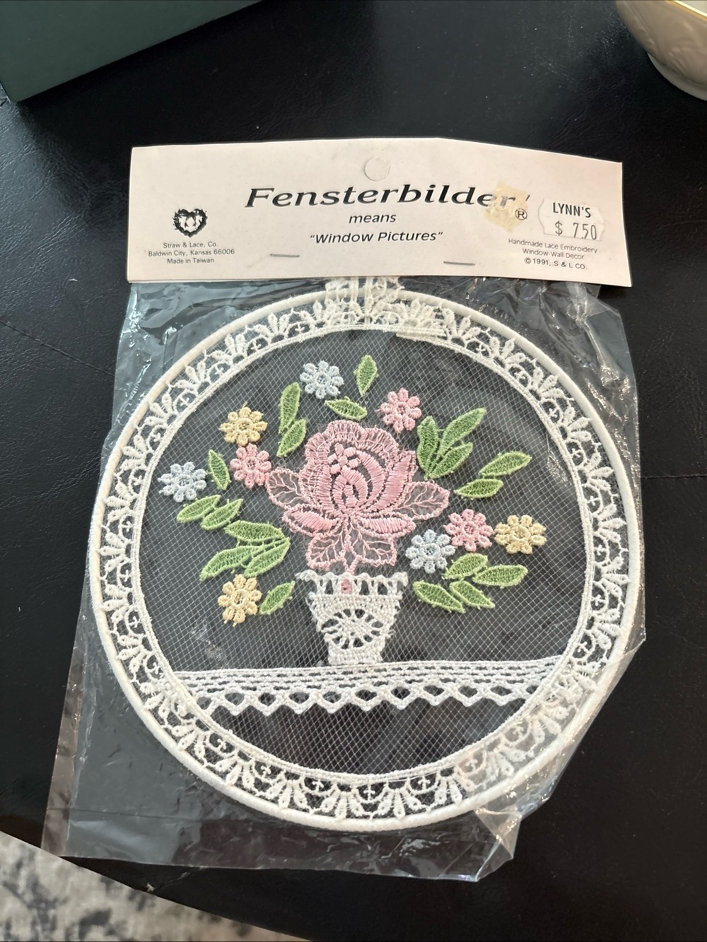 Vintage White Lace Floral Window Picture - Pink & Green